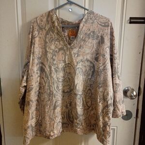2/$10 Ruby Rd Beige Paisley V-Neck Top with Embellished Neckline Size 3x